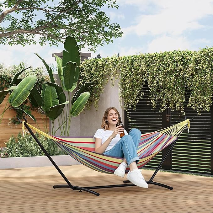 Double Hammock with Space Saving Steel Stand Included-2 Person Camping Hammock with Carry Bag, Outdoor Portable Hammocks, 450lb Capacity Standing Hammocks for Garden Yard(Yellow Rainbow)