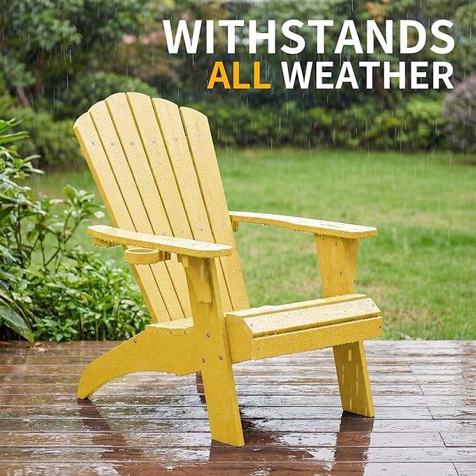 Psilvam Adirondack Chair, Oversized Poly Lumber Fire Pit Chair with Cup Holder, 350Lbs Support Patio Chairs for Garden, Weather Resistant Adirondack Chair Looks Like Real Wood (2, Yellow)