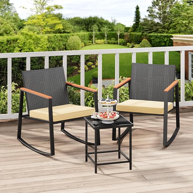 Bealife 3 Piece Patio Set with Cooling Wooden Armrests, Outdoor Rocking Chairs Set of 2 with Glass Table and Cushions, Wicker Patio Bistro Set for Garden, Yard, Balcony, Porch (Beige)