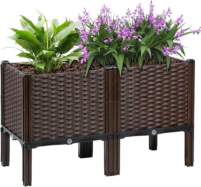 Rattan Raised Garden Bed with Legs-Rectangular Elevated Deep Planters for Outdoor Plants, Self Watering Planter Box 32"L x 16"W x 20"H, Rectangular Deep Garden Bed for Vegetables, Flowers, Herbs