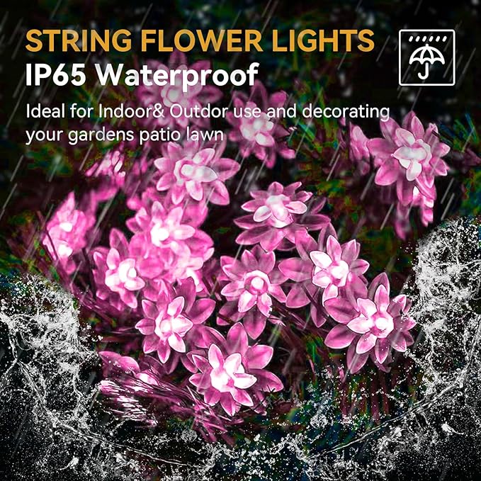 ITICdecor Solar Flower String Lights Outdoor Waterproof 50 LED Upgraded Flower Fairy Light for Garden Fence Patio Yard Christmas Tree Lawn Party (Pink)