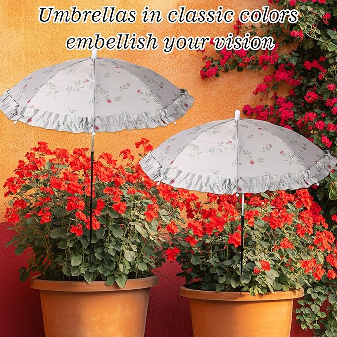 2pcs Mini Adjustable Floral Plant Umbrellas, Lace Garden Sun Shade with Metal Poles & H-Shaped Stakes Outdoor Parasols for Potted Plants Flowers Fruits Vegetables