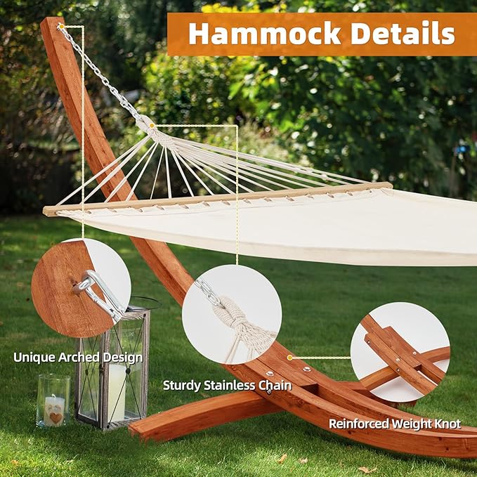 ECOTOUGE 12 FT Hammock with Stand for Outside, Single Person Heavy Duty Wooden Hammock Stand, Large Hammock Bed for Porch, Patio, Balcony, Garden, Backyard, White-Yellow