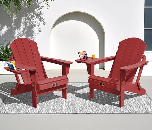 SERWALL Folding Adirondack Chair Set of 2, Outdoor Adirondack Chairs with 4 in 1 Cup Holder, Wood Texture Patio Chairs, Weather Resistant Fire Pit Chairs for Patio Deck Garden, Backyard - Red