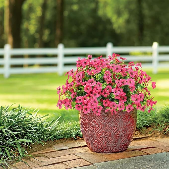 Artificial Flowers Outdoor Faux Plants UV Resistant Fake Patio Flowers Plastic Greenery Plnats Outside Bulk for Spring Garden Hanging Planter Home Vase Decor, 24 Bundles (Rose Red)