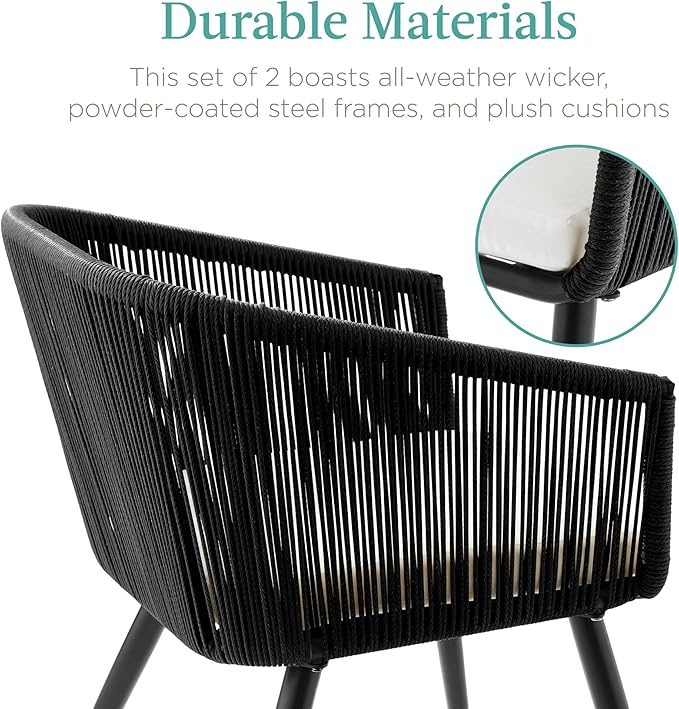 Best Choice Products Set of 2 Patio Dining Chairs, Outdoor Seating for Backyard, Poolside, Balcony w/Woven Wicker Design, 250lb Weight Capacity - Black/Ivory