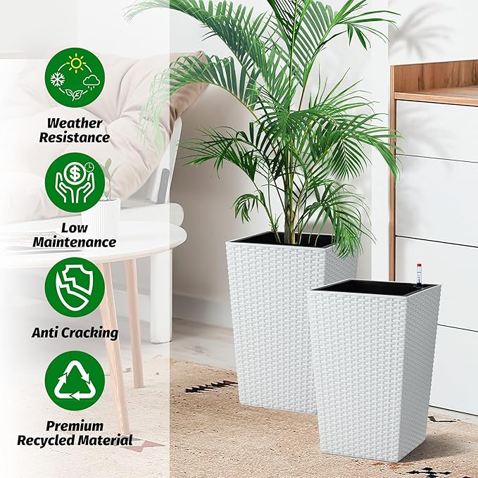 16 Inch Tall Planter Set of 2 Large Rattan Flower Pot with 2 Trays & a Water Level Monitor & Wheels Outdoor and Indoor for Patio, Porch, Living Room, or Home Office, White