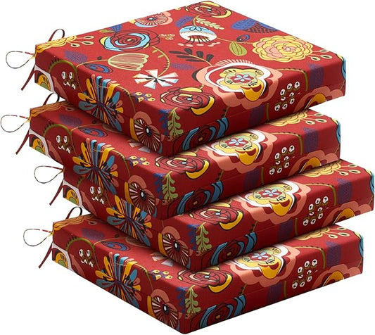 downluxe Outdoor Chair Cushions Set of 4 for Patio Furniture, Water-Resistant Square Corner Patio Chair Cushions with Ties, High Density Foam Outdoor Seat Cushion, 18.5" X 16" X 3", Sonia Scarlet