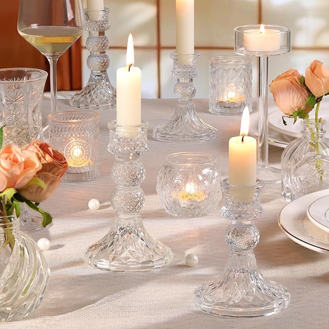 DARJEN Clear Glass Candlestick Holders Set of 6, 4" H & 5" H Taper Candle Holders for Candlesticks & Pillar Candles, Diamond Candle Holders for Wedding Party Table Centerpiece, Home Decor