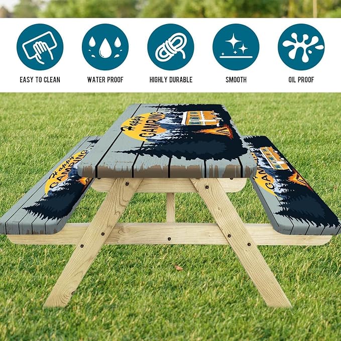 Happy Camper RV Picnic Table Cover with Bench Covers, Retro Wooden Waterproof Camping Picnic Table Cover Cloths for Outdoors Tablecloth with Drawstring Bag, 60in