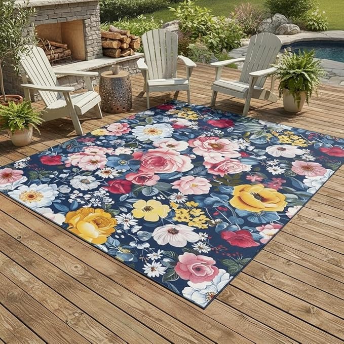 3D Printed Navy Blue Pink Yellow Floral Outdoor Rug Retro Flower Texture 6x9 Waterproof Outdoor Area Rug for Balcony Backyard Patio Garden Washable Outside Carpet Non Slip Deck Porch Floor Mat