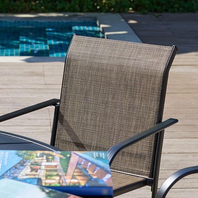 VICLLAX Patio Stackable Dining Chairs Set for 8, Outdoor Sling Chairs with Metal Frame for Front Porch Balcony Backyard Garden and Deck, Brown