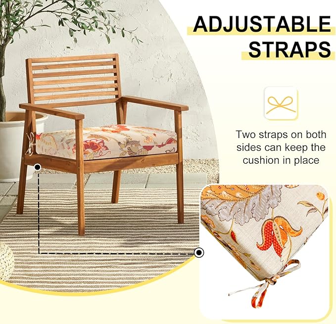 downluxe Outdoor Chair Cushions Set of 4 for Patio Furniture, Water-Resistant Square Corner Patio Chair Cushions with Ties, High Density Foam Outdoor Seat Cushion, 18.5" X 16" X 3", Eva Floral