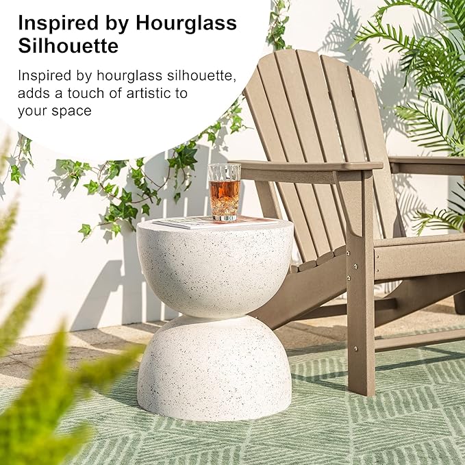 Glitzhome Outdoor Side Table, Round Accent End Table, Lightweight Hourglass Faux Terrazzo Decorative Garden Stool, 17.75" H White Planter Stand for Patio Porch Balcony Living Room