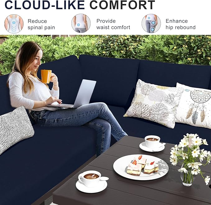 Patio Sectional Cushions, 14-Piece Replacement Cushions for Outdoor Furniture, Water-Resistant Outdoor Sofa Cushion for 6-Seat Rattan Wicker Sectional Conversation Sets (Navy Blue)