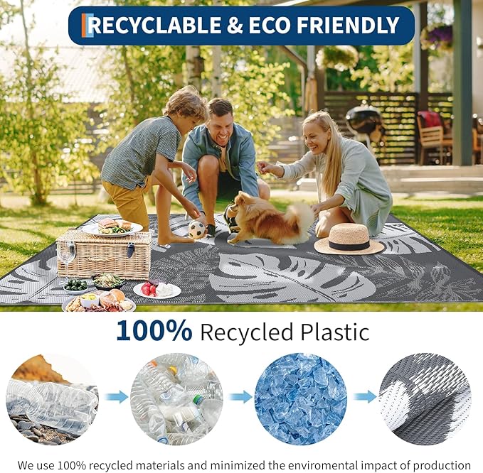 Patio Modern Leaf Print Outdoor Rug 10x14 Waterproof Large Reversible Camping Mat Foldable Lightweight Plastic Straw Outdoor Rug for Deck, Porch, Camper, Balcony, Beach, Rv，Grey/White