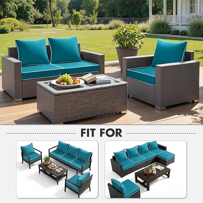MIULEE Teal Outdoor Seat Cushion 24x24 Inch Waterproof & 3 Year Fade Resistant Deep Seat and Back Cushion for Patio Furniture Chair Sofa Couch with Handle and Adjustable Straps