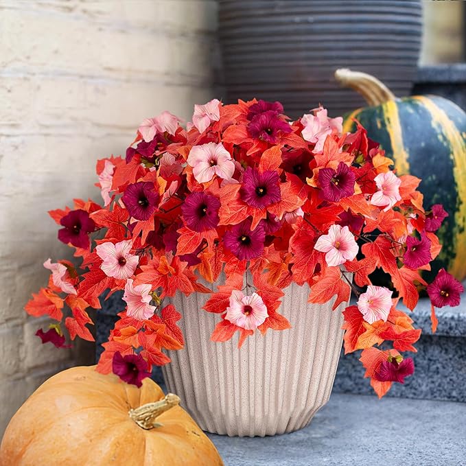 2Pcs Fake Fall Flowers for Outdoor Decoration Artificial Fake Silk Flowers Faux Fall Plants, Uv Resistant Autumn Flower for Garden Porch Balcony Realistic Thanksgiving Decor (Burgundy Pink)