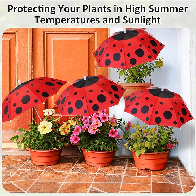 4 Pack Plant Umbrellas for Outdoor Plants, Upgraded Joints-enhanced Wind Resistance, Adjustable Height, Large Garden Umbrella Shade for Potted Plants Bed Flower Pot(Ladybug)