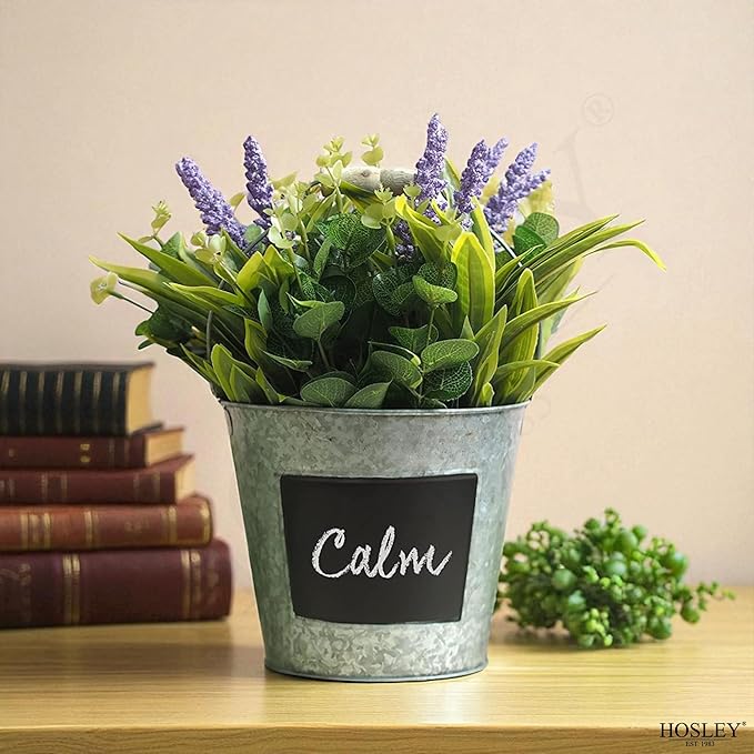 Hosley Galvanized Metal Chalkboard Bucket with Wooden Handle 7 Inch Dia – Set of 8 Rustic Farmhouse Floral Planter, Ideal for Home Décor, Office, Party, Wedding, Indoor, Outdoor or Tabletop Décor