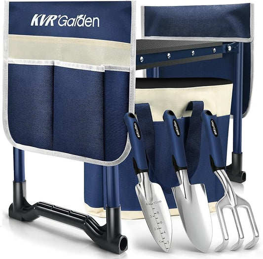 KVR Garden Kneeler and Seat Set 7-Piece Upgraded - Heavy Duty Foldable Bench & Stool with 3 Aluminum Tools, 2 Non-Slip Pouches & Tote Bag - Gardening Chair Gifts for Seniors, Women, Mom