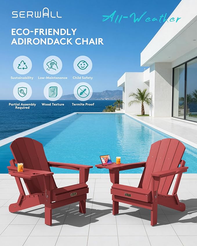 SERWALL Folding Adirondack Chair, Outdoor Adirondack Chairs with 4 in 1 Cup Holder, Wood Texture, Weather Resistant Plastic Patio Fire Pit Chairs for Garden, Backyard, Deck, Lawn - Green
