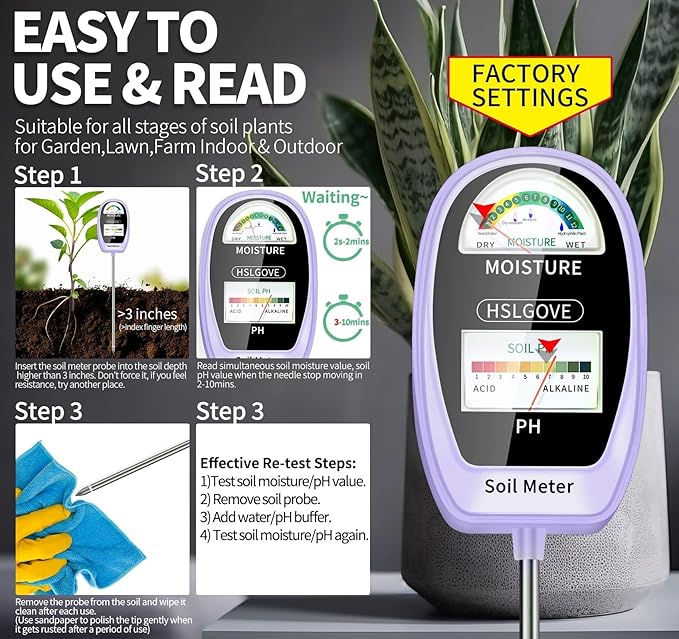HSLGOVE Soil Test Kit, 2-in-1 Soil Moisture Meter/Soil PH Meter, Dual Screen Soil Tester, Soil Moisture Meter for Plants Watering/Gardening for Lawn,Farm Indoor&Outdoor Use-PalePurple