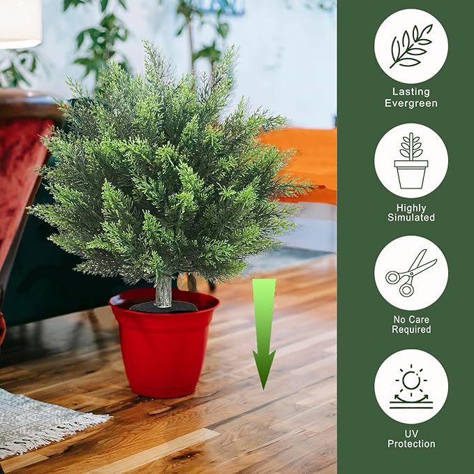28inch Artificial Topiary Tree Set of 2 Beautiful Realistic Faux Cedar Pines Christmas Trees UV Rated Fake Shrubs for Front Porch Faux Plants Indoor and Outdoor Decor