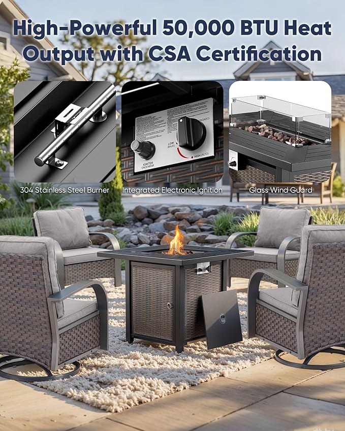 HUMMUH Patio Furniture Set with Fire Pit Table-Patio Chairs Set of 4 Outdoor Wicker Chairs for Deck Porch Garden Poolside Backyard-Brown/Grey
