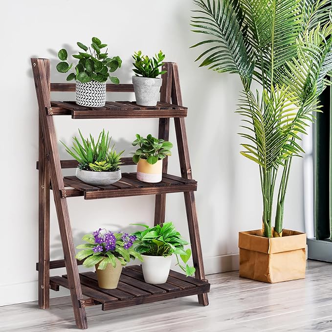 Giantex 3 Tier Folding Wooden Plant Stand, Indoor Flower Pot Holder Display Rack, Free Installation Corner Plants Storage Shelf, Foldable Rustic Wood Ladder Shelf for Home Patio Balcony Garden