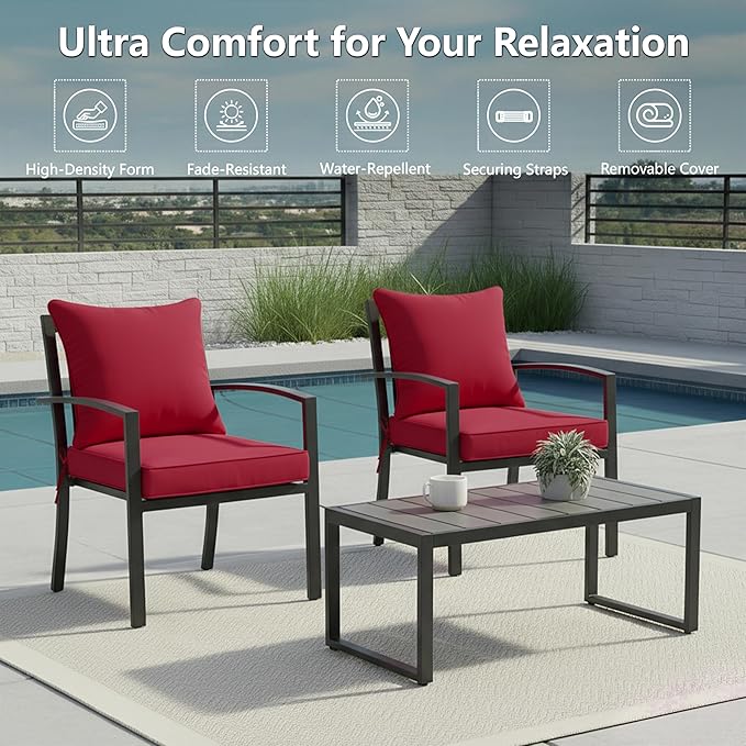 22x22 Inch Patio Chair Cushions Set of 2, Outdoor Furniture Cushions - Removable Cover, Water-Repellent, Fade-Resistant, Non-Slip Bottom & Straps, Replacement for Lawn, Porch & Deck Chair - Burgundy