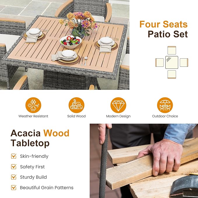 Wisteria Lane 10-Pieces Outdoor Patio Table and Chairs, Rattan Patio Table Set with Acacia Wood Tabletop, Patio Dining Furniture Set for 8 with Removable Cushions for Deck Garden Backyard, Grey