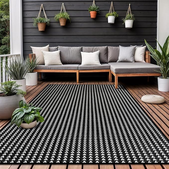 Washable Outdoor Rug 6x9 Modern Area Rugs Outdoor Carpets Striped Pattern Non Shedding Waterproof Easy Clean Patio Deck Porch Living Room Bedroom Garden RV (6 X 9 Black)