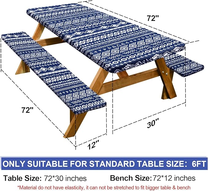 Picnic Table Cover with Bench Covers Camping Essentials Waterproof Windproof Camping Tablecloth with Drawstring Bag, Fitted Rectangle Tables and Seats, 72in, Bohemian Navy Blue