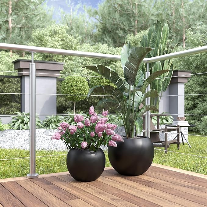 DTY Mount Sherman 21.1'' D x 16.7'' H (Pot Opening 14.6") Fiberstone Round Planter with Drainage Hole, Smooth Finishes, Weather Resistant for Indoor and Outdoor, 2 Extra Coco Mats - Black, Large
