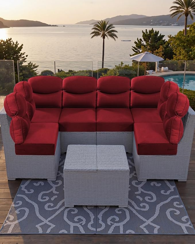 Luxury 24x24x6 Outdoor Cushions for 5-Seat Sectional Sofa Set of 5 - Water-Repellent 11-Piece Patio Cushion for Outside Rattan Wicker Loveseat Chair L-Shape Couch - Red/Smile