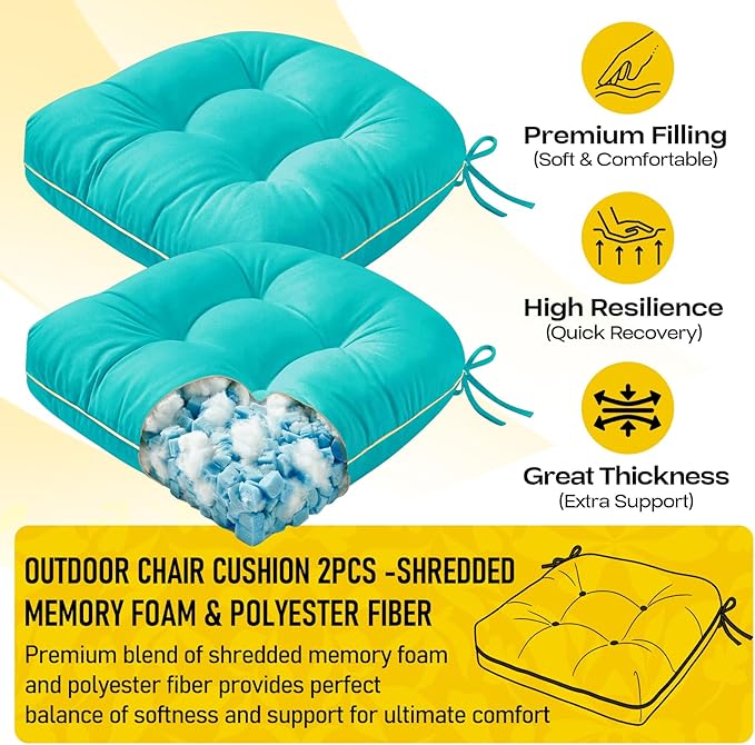 Outdoor Chair Cushions Set of 2, Outdoor Cushions for Patio Furniture and Wicker Chair, Memory Foam Patio Seat Cushion Pads with Ties, 19 x 19 Inch (Teal)