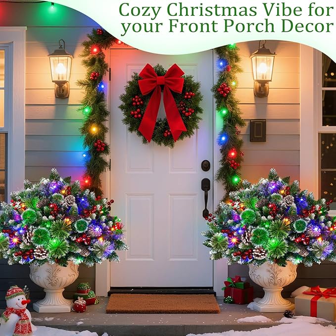 Timer - 2 Pack 24" Lighted Outdoor Christmas Tree Urn Fillers,Warm White&Colorful Lights 8 Mode Snowy Pinecone Red Berry Battery Operated Tripod Stake Holiday Planters Outdoor Christmas Decorations