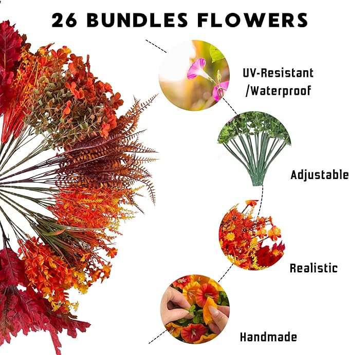 Fall Flowers Artificial for Thanksgiving Decoration, Artificial Mums for Outdoors, 26 Bundles Fake Fall Flowers Plants, Faux Mums for Outdoor Planters, Indoor Home Garden Porch Decor (Autumn Twilight)