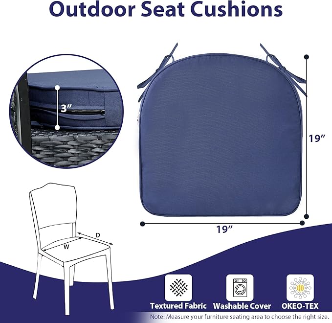 Outdoor Chair Cushions Set of 4 -Waterproof Outdoor Seat Cushions for Patio Furniture, Patio Chair Cushion with Handle and Ties, Round Out Door Chair Pads,19" x 19" x 3", Navy Blue
