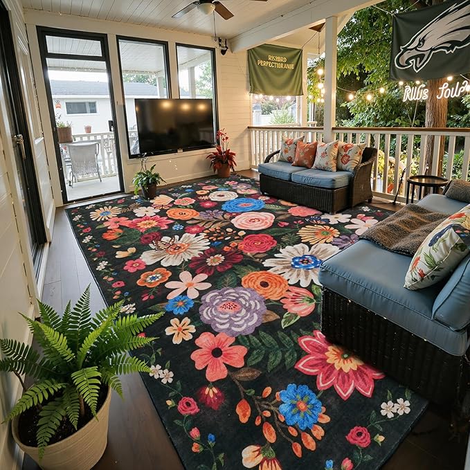 Black Area Rugs 10x14 Living Room, Non Slip Machine Washable Floral Rugs, Low Pile Lightweight Large Rug for Bedroom, Dining Room, Home Office(10 x 14, Black Garden)