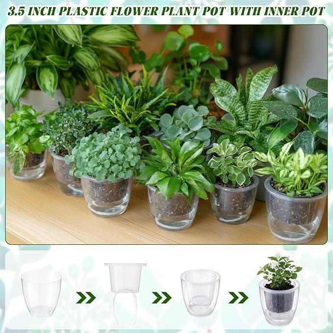 36 pcs Self Watering Pots, 3.5 Inch Plastic Flower Plant Pot with Inner Pot Self Watering Wick Planter White Clear Flower pots for Indoor House Plants Herbs, Flowers, Succulents