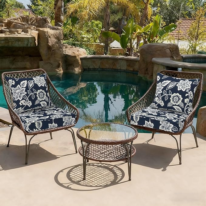Outdoor Deep Seat Cushion Set, Water Repellent 22"x22" Patio Thick Cushions Replacement with Seat & Back Pillow for Patio Sofa, Wicker Chair, Couch - Vines Navy