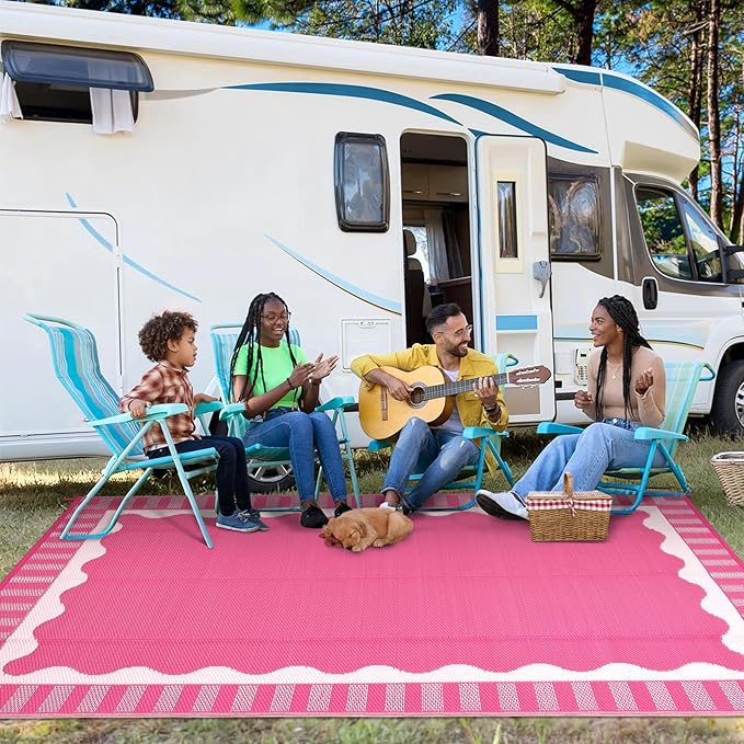 Waterproof Plastic Straw Outdoor Rug 9x18 Patio Reversible UV Resistant Foldable Camping Carpet Scalloped Border Large Outdoor Rugs for Deck, Picnic, Porch, Camper, Balcony, Beach，Rose Pink
