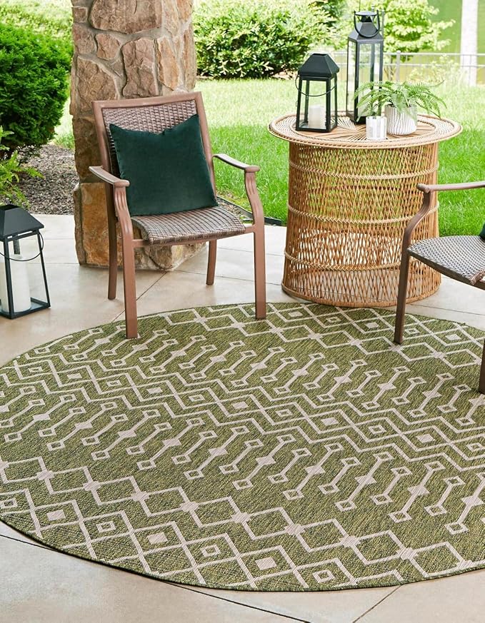 Unique Loom Outdoor Trellis Collection Area Rug - Tribal Trellis (10' 8" Round, Green/ Natural)