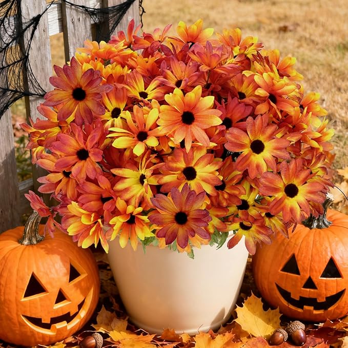 6 Bundles Halloween Flowers Artificial for Decoration, Faux Mums for Outdoor Planters,UV Resistant Chrysanthemum Flowers Fall Decor for Home Garden Patio Front Door Porch(Mixed Color)