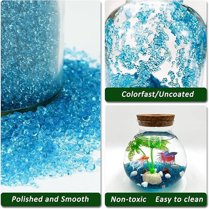 BXI 2.2 Lbs Small Aquarium Substrate Gravel Sand, Polished Smooth Fish Tank Gravel, Colorfast Uncoated Vibrant Blue Sea Glass, Decorative Stones for Vase Fillers, Fairy Garden, Potted Plants