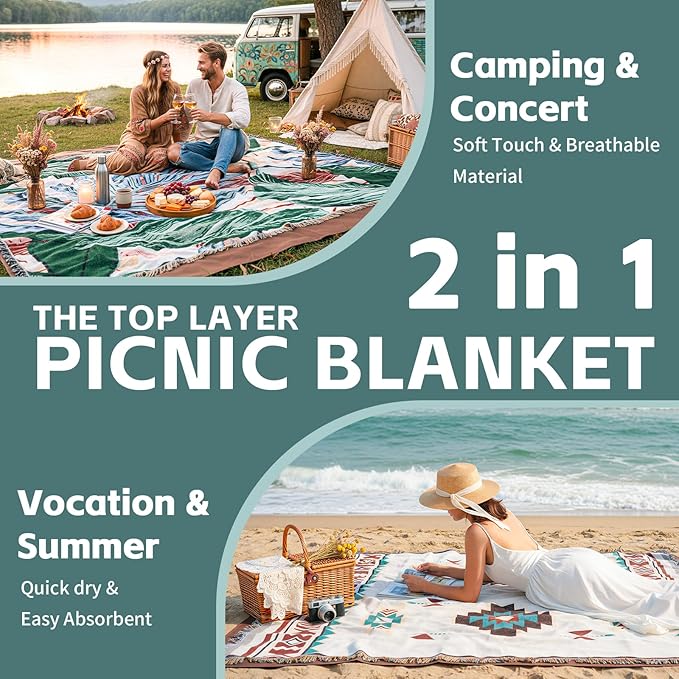 2 in 1 Extra Large Outdoor Picnic Blanket Camping Mat Lightweight Oversized Giant Turkish Boho Beach Mexican Serape Baja Cobijas Mexicanas para Mesa Park Stadium Outside Festival Grass Hammock