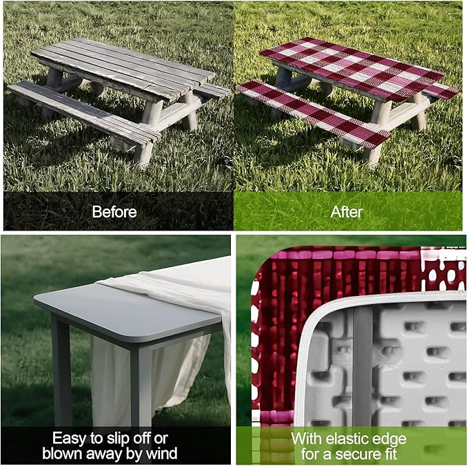 Picnic Table Cover with Bench Covers Set of 3 - Wine Purple Checkered Tablecloth, Elastic Fitted for 6 Ft Tables, Washable Polyester Cover for Camping, Indoor & Outdoor