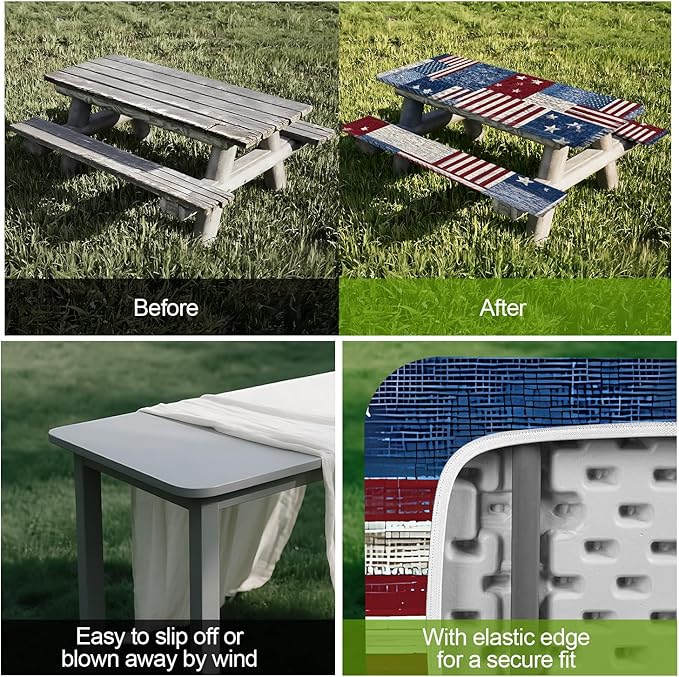 Patriotic Picnic Table Cover with Bench Covers Set of 3 - American Flag Patchwork Pattern, Elastic Fitted Tablecloth for 6 Ft Tables, Washable Polyester Cover for 4th of July, Camping & Outdoor